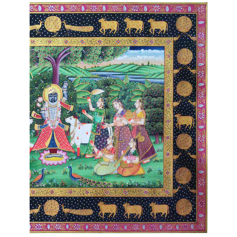 Lord Shrinathji vénéré par Gopis | Art Pichwai | Aquarelle sur coton