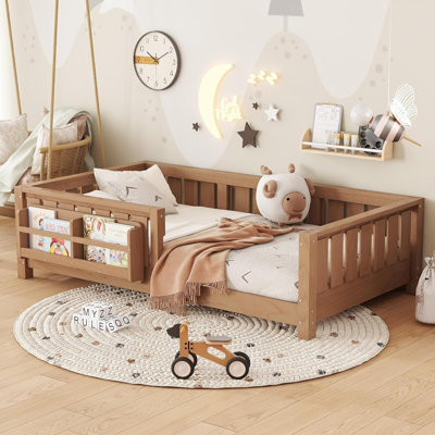 Lit simple Montessori avec garde-corps et tablettes de rangement, simple, blanc