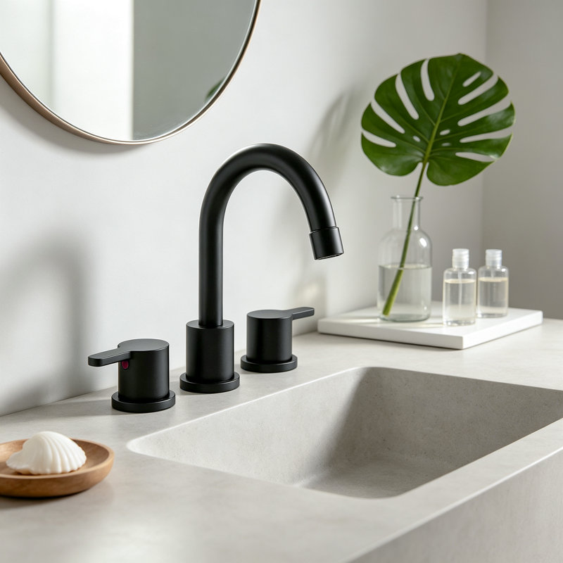 Robinet de salle de bain moderne à large entraxe avec bec pivotant à arc élevé, bonde escamotable et conduites d'alimentation