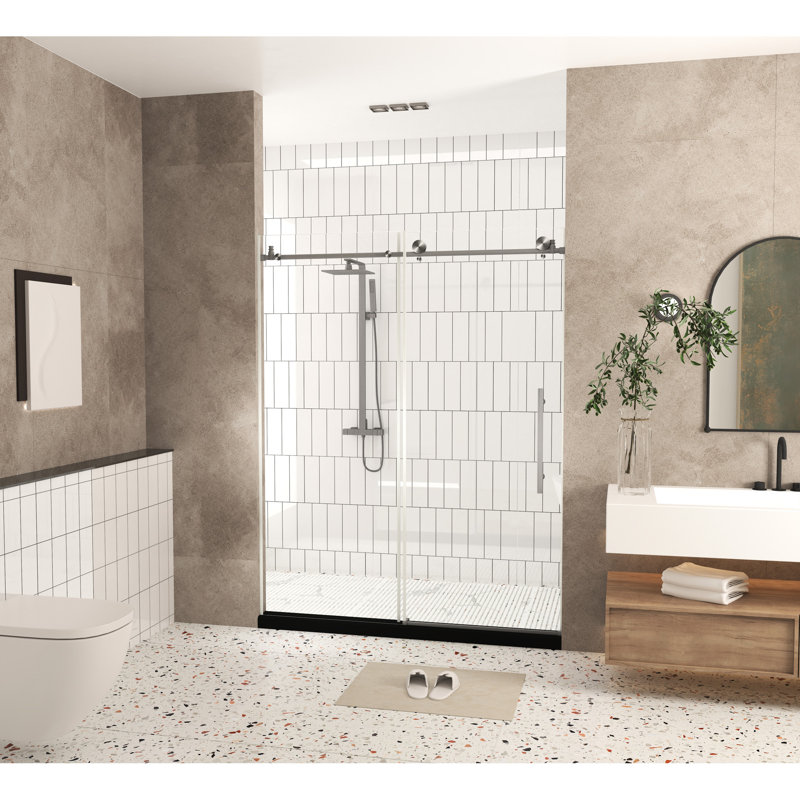 Shower Door 56 - 60" W 76" H 1/4" (6 Mm) Clear Tempered Glass Proof Film Stainless Steel Handle Brushed Nickel With Transmission Large Wheels And Round Tracks For Quiet Effortless Operation Bottom