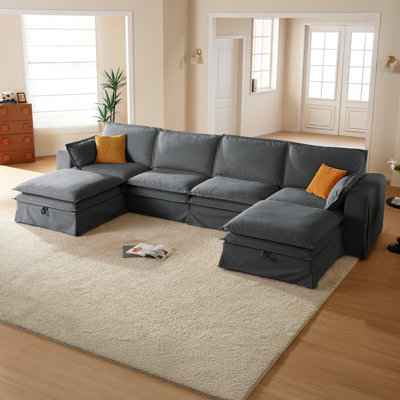 162.2" Oversized Pet-Friendly Fabric Modular Sectional Sofa Washable Removable Slipcover Enveloping Feel Double-decker Sectional Couches With 2 Storage Ottoman