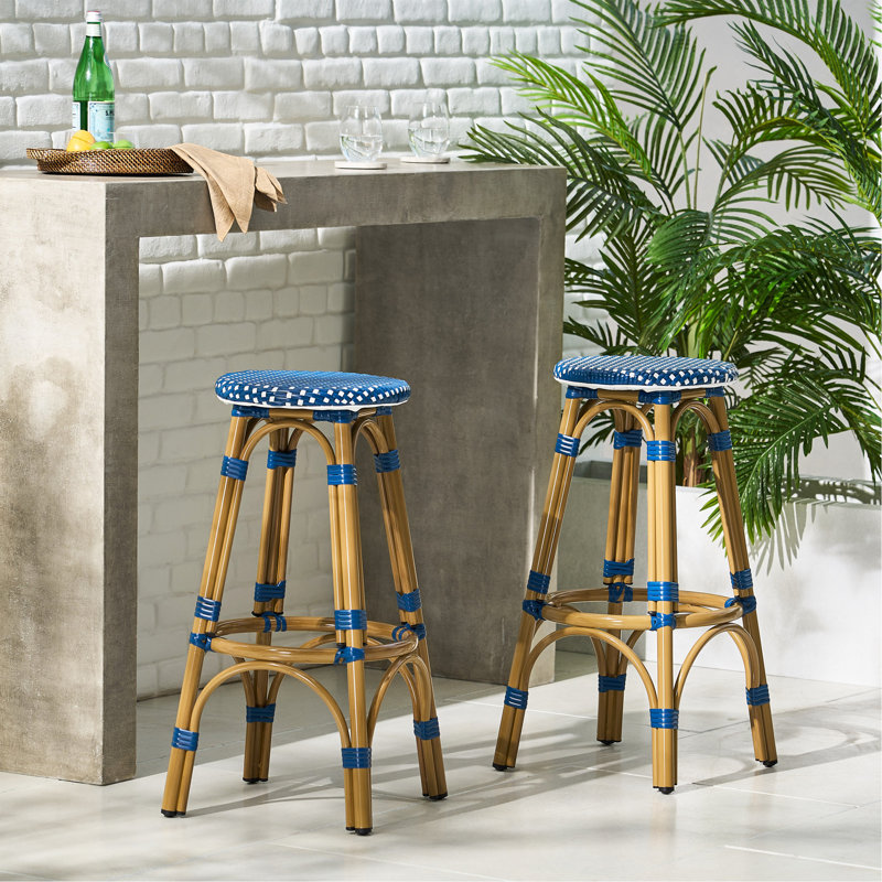 Ensemble de 2 tabourets de bar d'extérieur français sans dossier 29,5 po, bleu marine, imprimé bambou