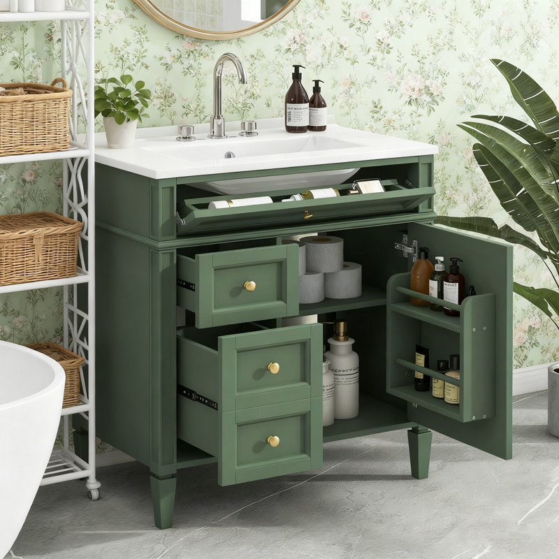 Meuble-lavabo moderne de 30 po avec lavabo supérieur (2 tiroirs + 1 plateau basculant + tablettes + organisateurs de porte)