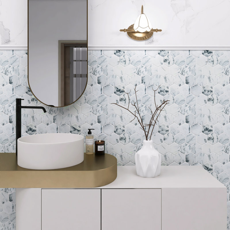 Natural 12.01 in. x 10.44 in. Hexagon Polished Marble Mosaic Tile