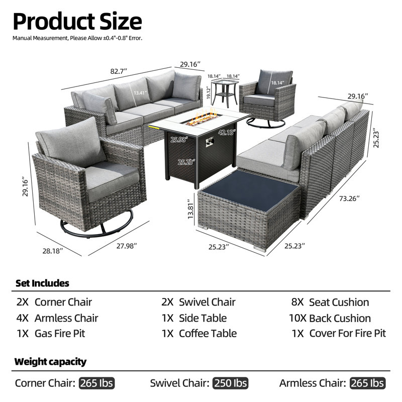 "8 - Person Patio Furniture Set With Swivel Rockers, Outdoor Wicker Rattan Sectional Seating Group With Cushions, All Weather Sofa Conversation Set With Fire Pit Table For Garden Backyard "