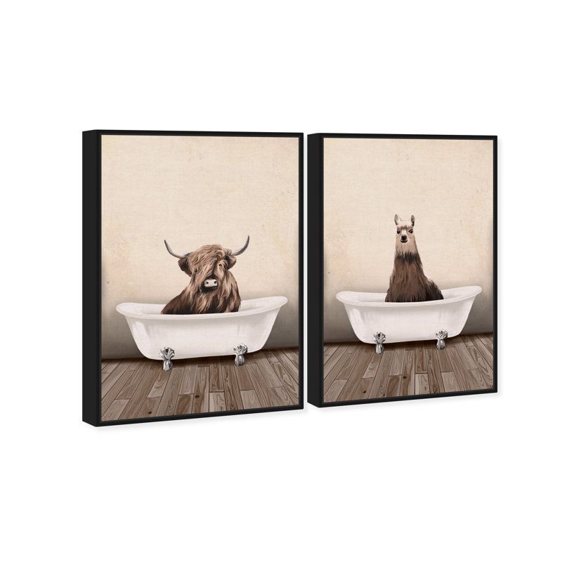 Rustic Bathroom - ensemble de 2 impressions, Toile avec cadre noir, H 16 po x l 22 po