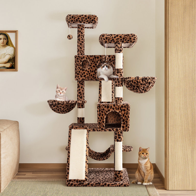 Arbre à chat avec poteaux à griffes et poteaux à griffes 65,7 po H inclus avec plateformes et hamac, Brun