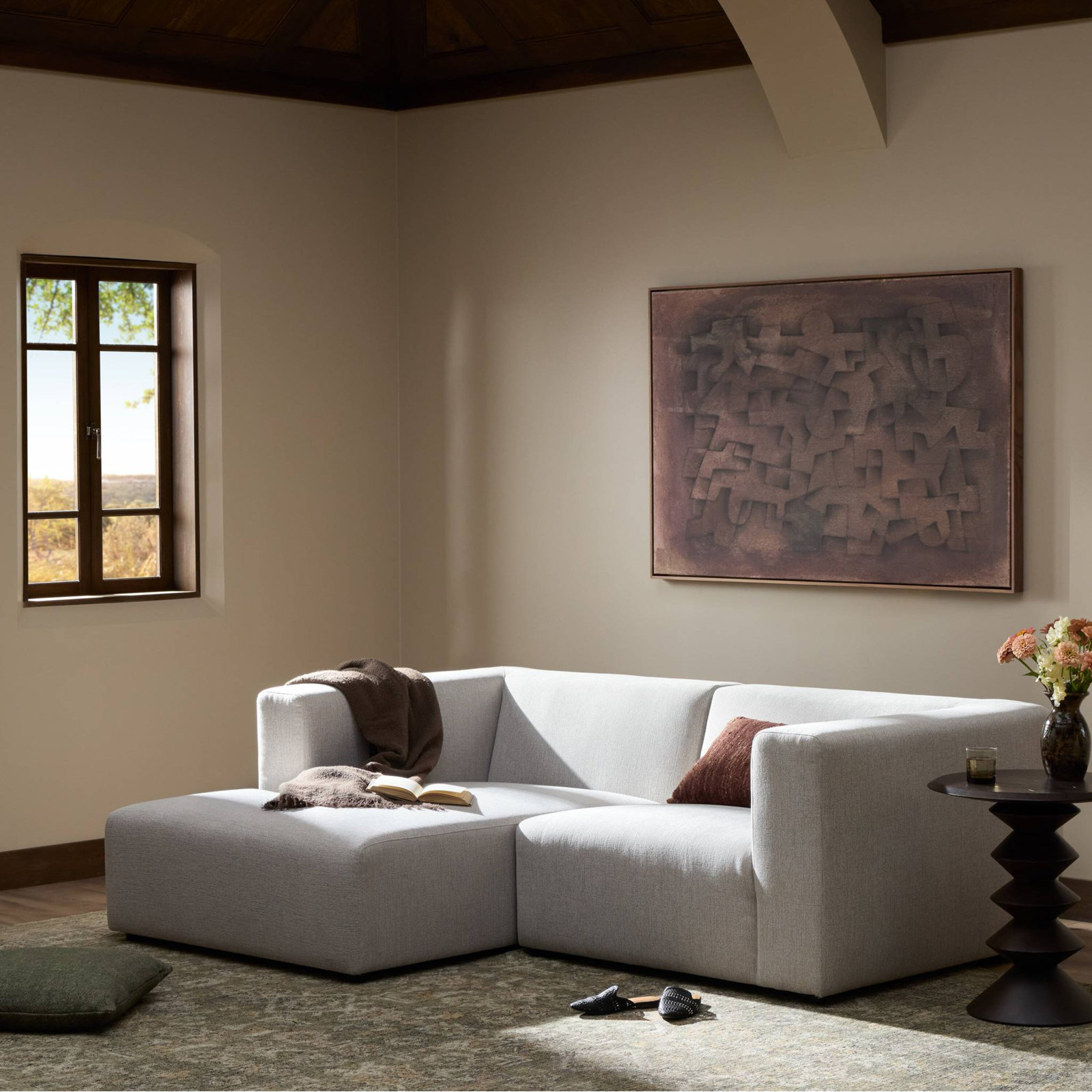 Upholstered Chaise Sectional, Saxon Charcoal Polyester Blend, Left Hand Facing