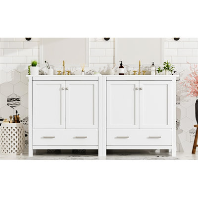 60"  Bathroom Vanity Set With Double Vanities Ceramic with Drawer,door,Bathroom Storage Cabinet