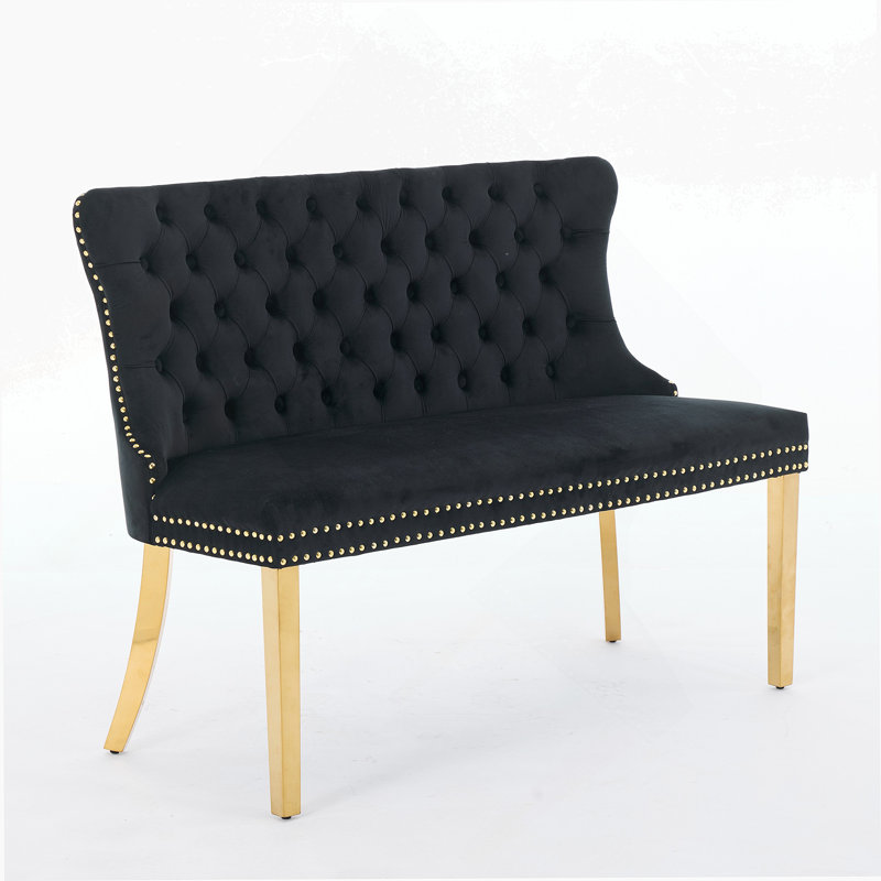 Velvet Double Dining Loveseat Bench, Kitchen & Dining Seating, 2-Seat Tufted Bench W/Handmade Buttons, Wing Back, Gold-Plated Steel Legs, Mid Century Modern,Single Pack,Black