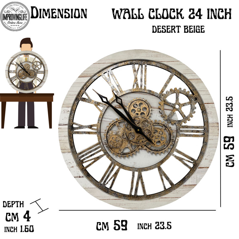 Oversized Desert Beige and Bronze Industrial Wall Clock with Real Moving Gears