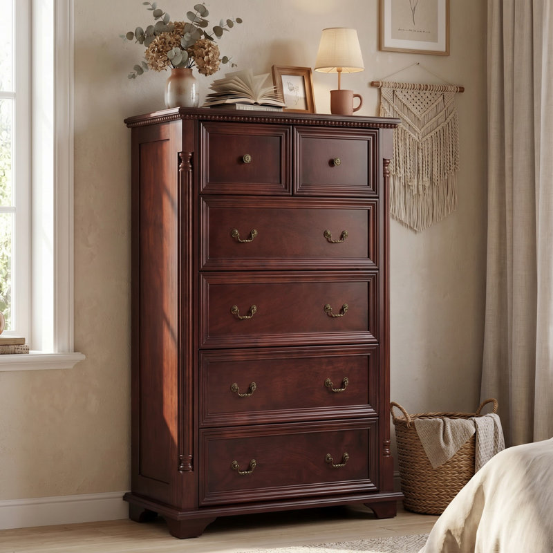 Commode 6 tiroirs pour chambre à coucher Farmhouse, commodes hautes 48 po et commodes avec colonne romaine, Brun