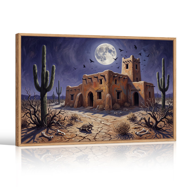 "Adobe" sous la pleine lune avec des cactus de Saguaro, art mural d'Halloween, 32"H x 48"W