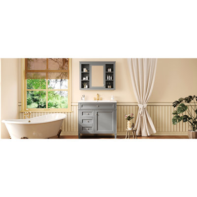 Meuble-lavabo de 36 po avec lavabo supérieur, miroir, 2 tiroirs, tiroir basculant, gris, forme rectangulaire, matériaux, charnière de porte de couleur grise moderne, tiroir à fermeture en douceur