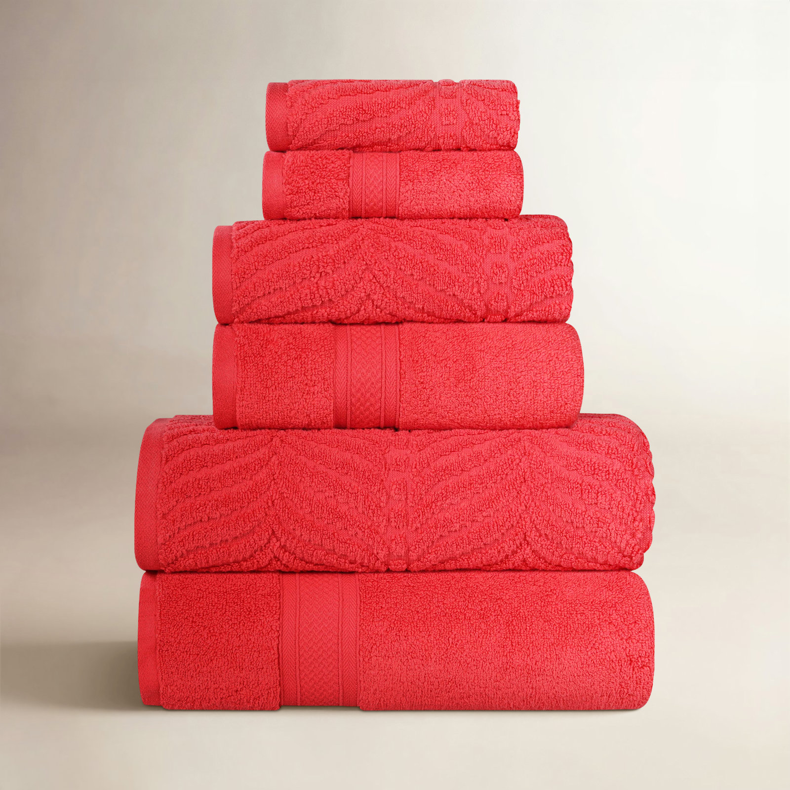Amaretto Chevron Zero Twist Solid and Jacquard Cotton 6 Piece Bathroom Towel Set, Red