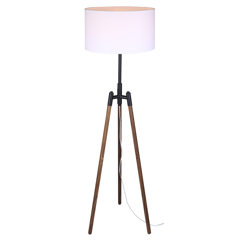 Lampe sur pied 1 lumière Mariquita avec finition noir mat et simili grain de bois et abat-jour blanc