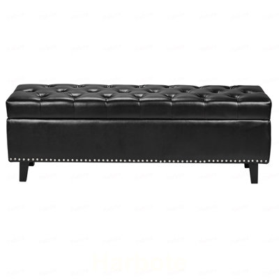 Button-Tufted Storage Ottoman Bench PU Leather Bench with Wood Legs Black