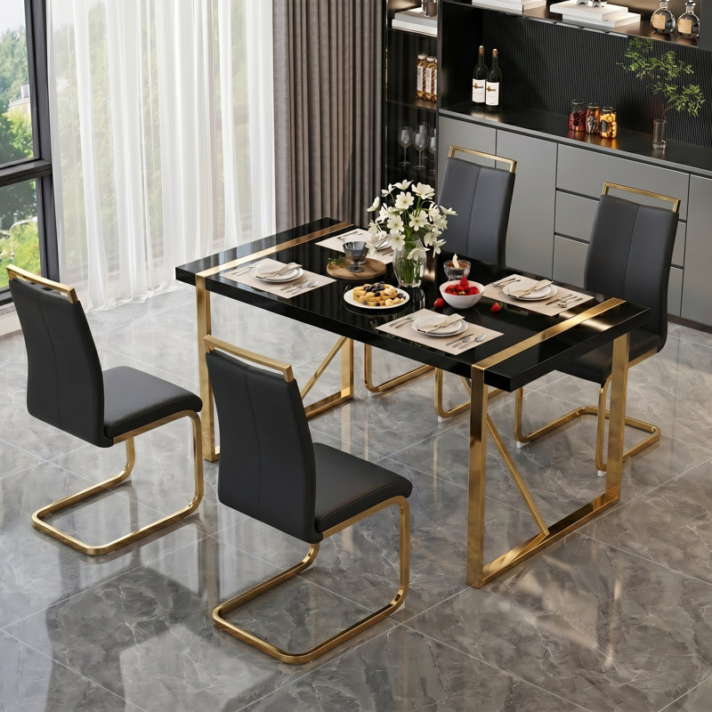 5-Piece Modern Rectangular Faux Marble Dining Set with Cantilever Chairs, Black/Gold, Black