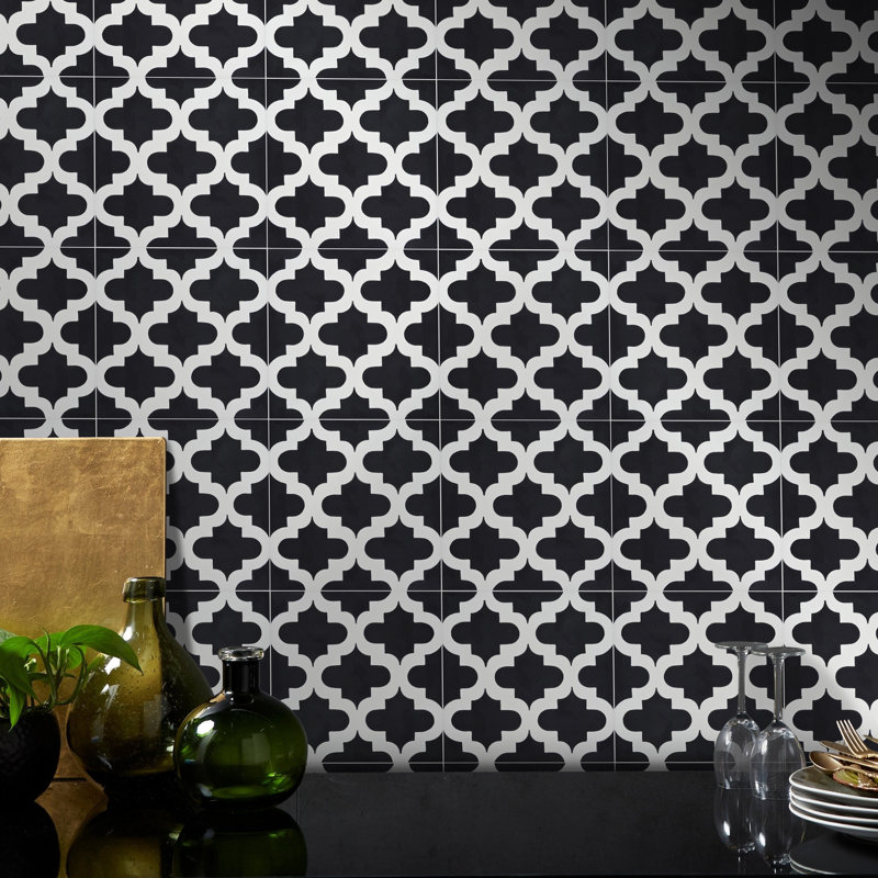 8'' x 8'' Cement Patterned Wall & Floor Tile, Black/White