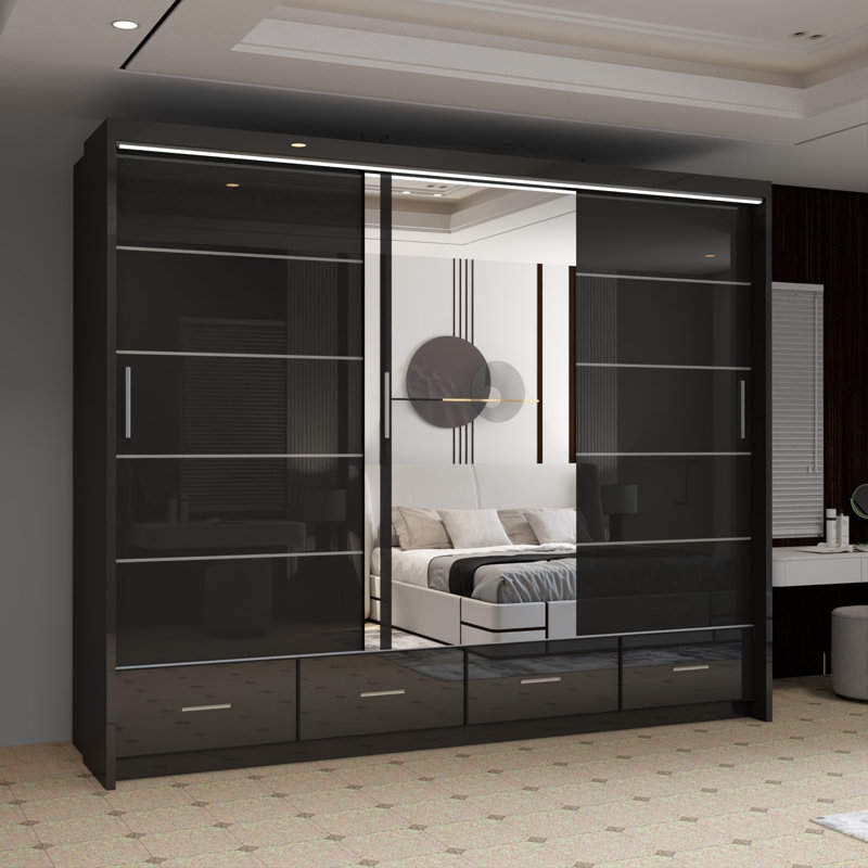 Desilets 2 Door Manufactured Wood Wardrobe, Black, 220 cm H x 255 cm W x 66 cm D