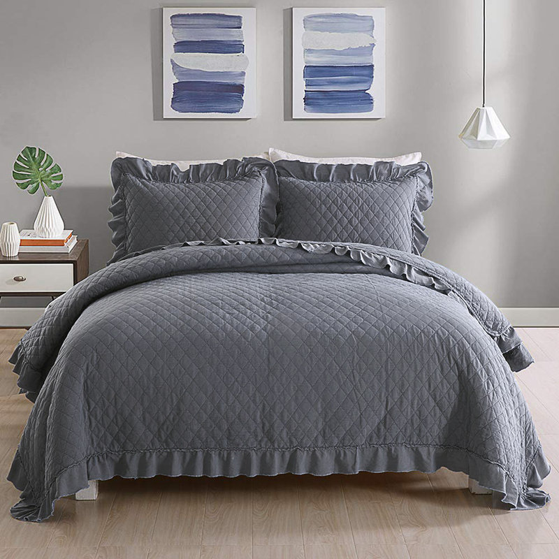 Ensemble de courtepointe en microfibre lavée à la pierre 3 pièces Aveana Chicago, couvre-lit avec 2 taies décoratives, taille très grand / très grand