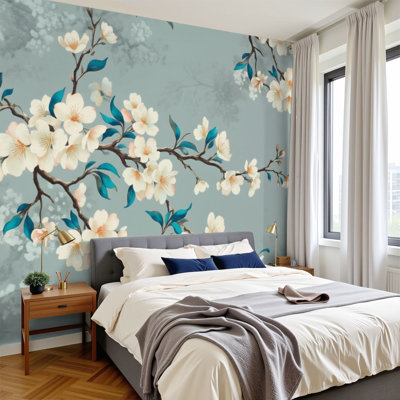 Peel and Stick Wallpaper White Cherry Blossom Branches Teal Leaves Soft Blue Elegant Wall Murals 100"H x 144"W Removable PVC Wall Paper Self-Adhesive Wall Decor for Bedroom Living Room Home Office Bathroom Nursery