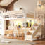 Lit mezzanine industriel en métal Queen avec bureau intégré, prises électriques, bande lumineuse DEL, panneau perforé et escalier de rangement, blanc