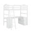 Lit mezzanine simple en bois avec tiroirs, armoire, tablettes et bureau