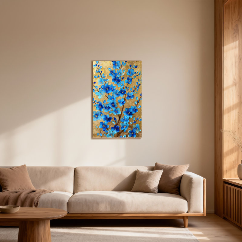 Plantes et fleurs fleurs bleues sur fond doré, H 20 po x l 30 po