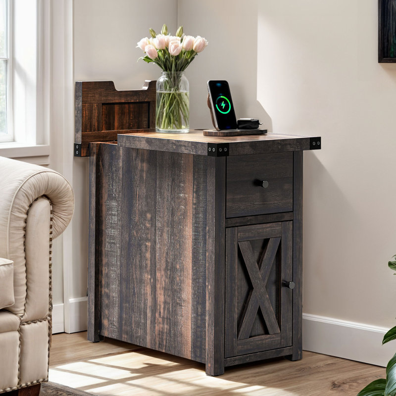 Table de bout en chêne rustique avec tiroir, armoire et station de charge USB intégrée