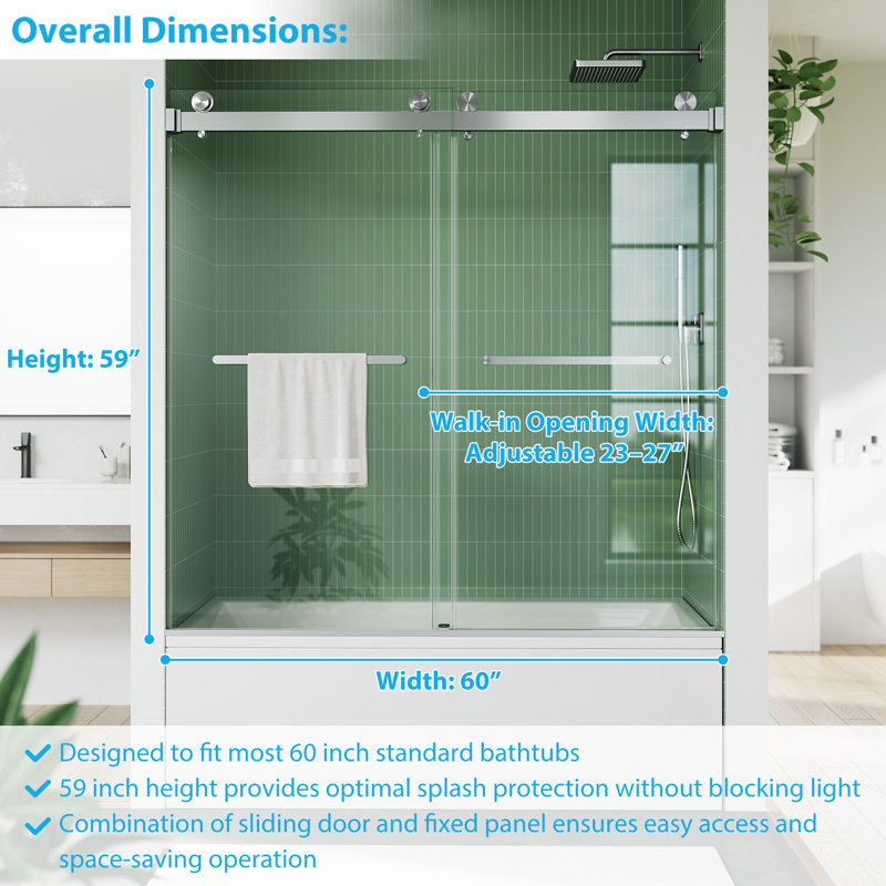 60*59 Sliding Shower Door Double Glass Tub Enclosure Stainless Steel Track Tempered Brushed Nickel, Silver