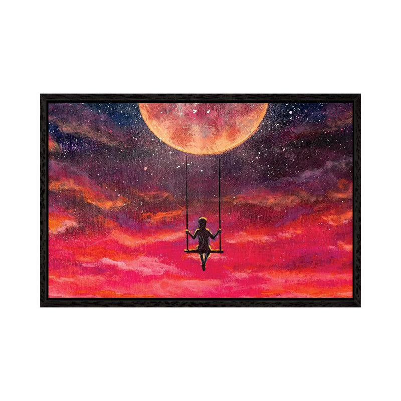 Girl Guy Rides on Swing in Sky Against Starry Sky 1 Piece Painting on Canvas, 45.72cm H x 66.04cm W x 3.81cm D, Black Framed