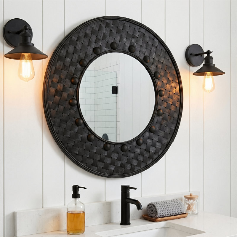 Miroir mural 24 po en bambou noir Solea, cadre 3D rythmique tissé à la main, décor d'art rond pour la salle de bain et le vestibule