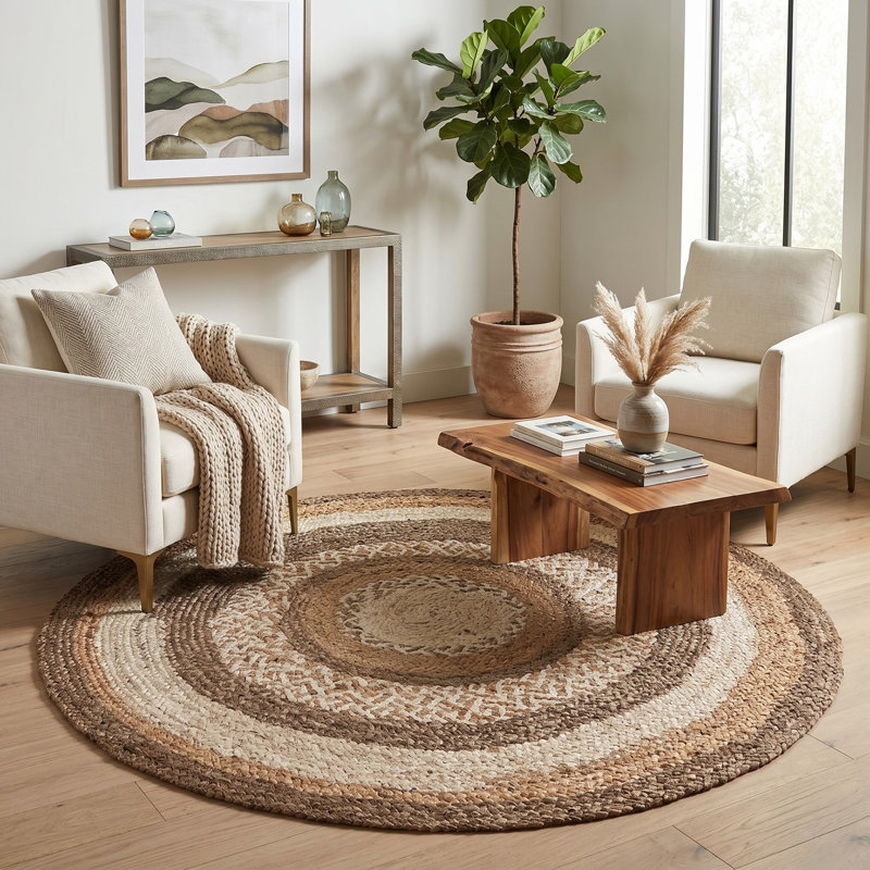 Tapis d'intérieur en jute / sisal tressé à la main brun / beige / ivoire Douros, Rond 6 pi