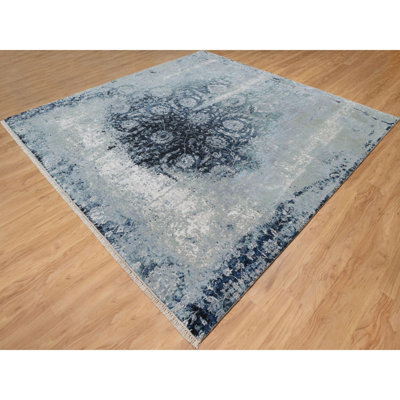 10'1"x10'4" Gray Wool and Silk Hand Knotted Tebraz Design Square Rug C320F57F1B514A47B4FA6524CA18A4A1