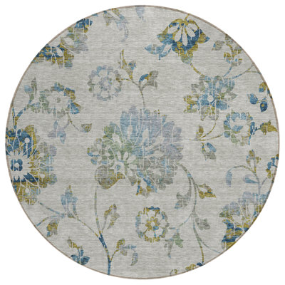 HomeRoots 8' Taupe Navy Blue And Denim Blue Round Floral Washable Indoor Outdoor Area Rug