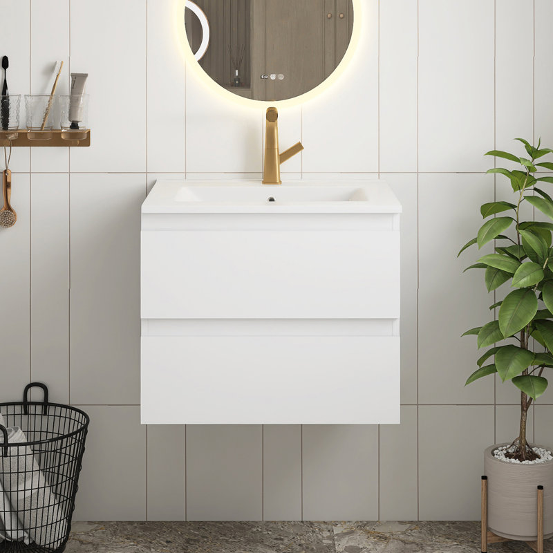 Meuble-lavabo blanc brillant 24 po avec lavabo en céramique, armoire avec 2 grands tiroirs, système de fermeture en douceur