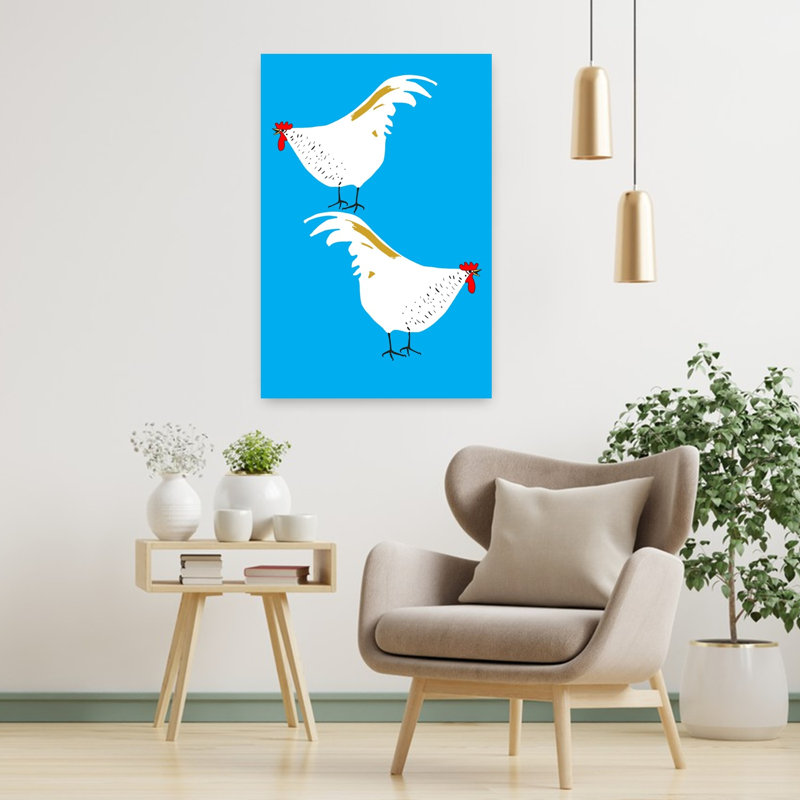 White Rooster Duo Minimalist Modern Vibrant Bird Animal Landscape Wall Art Print 1 Piece Wrapped Canvas Wall Art
