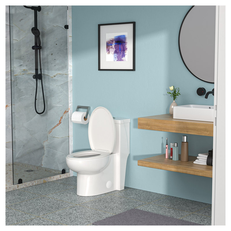 Toilette allongée une pièce en céramique blanche avec siège à double chasse et fermeture en douceur