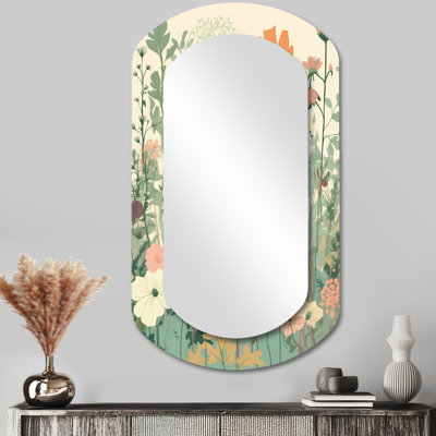 Velzian Vintage Wildflowers In Retro Pastel - Botanicals Asymmetrical Wall Mirror, Green Cylinder Decorative Mirror, Printed Metal Art