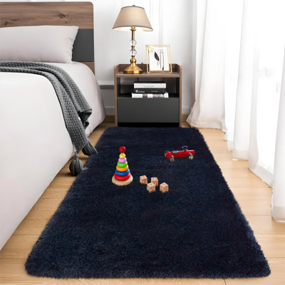 Grand tapis à poil long lavable bleu marine antidérapant à poils longs pelucheux et moelleux pour le salon, la chambre à coucher et la décoration intérieure