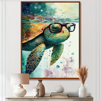 Turtle With Glasses In The Ocean II - Turtle Wall Art