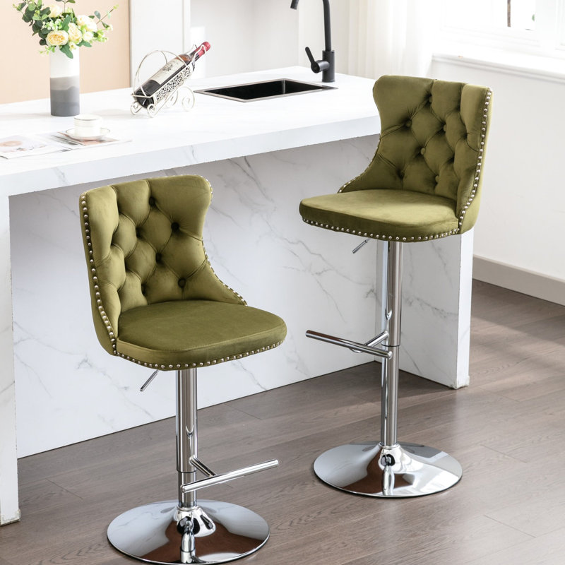 Revêtement moderne, pivotant à 360 °, siège réglable de 25 à 33 pouces de hauteur, dossier, revêtement en velours olive pour la maison, îlot de cuisine