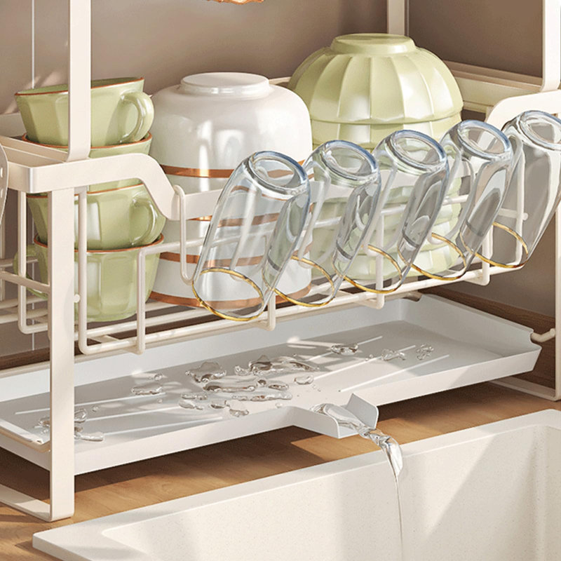 2-Tier Dish Drying Rack with Drainboard, Large Capacity Dish Racks for Kitchen Counter Shelf (White)