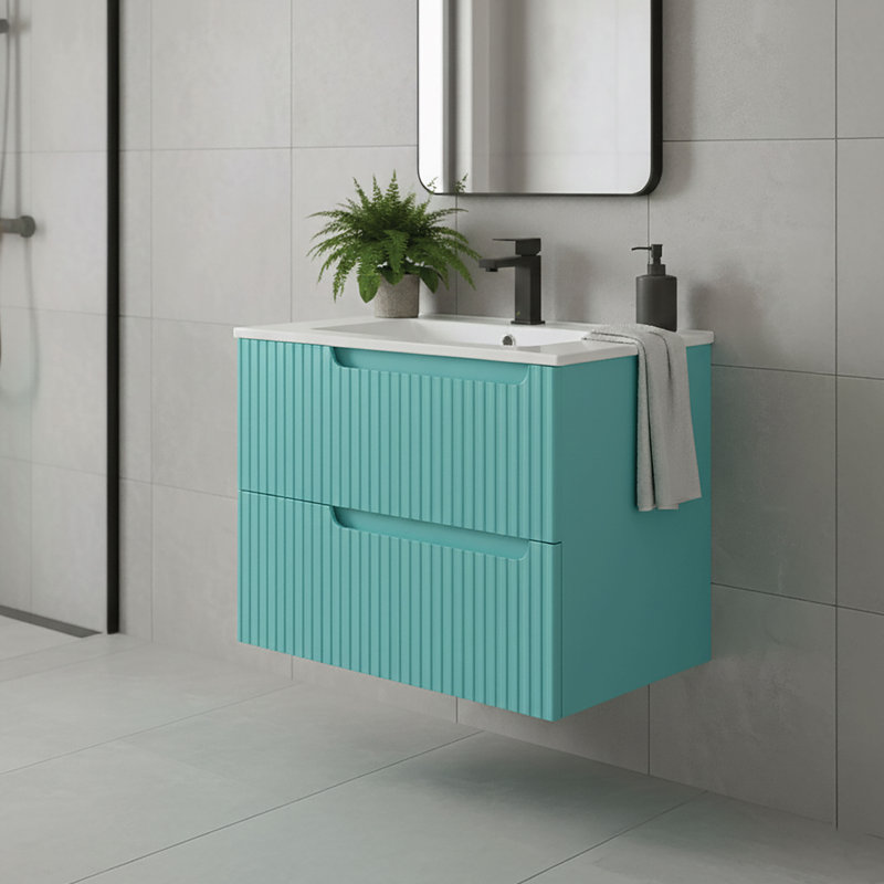 Meuble-lavabo moderne avec façades de tiroir texturées Citiscape, Bleu Tiffany