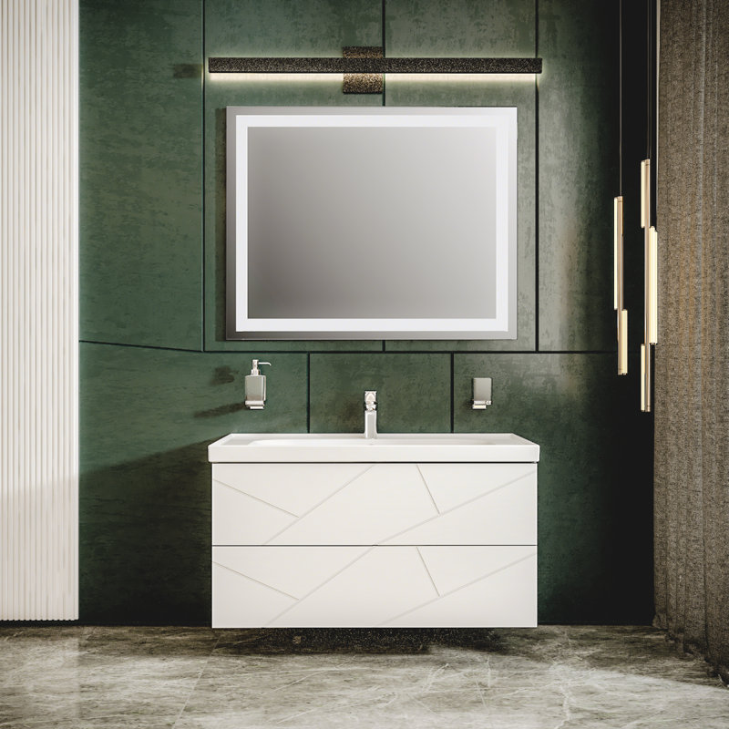 Meuble-lavabo sur pied simple 40 po avec plateau en céramique et miroir Jakkia, Blanc mat
