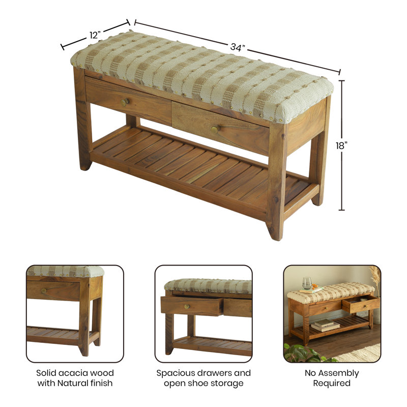 Avana Cotton Upholstered Storage Bench, Beige/Ivory