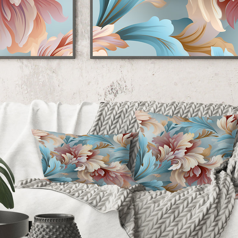 Rose et bleu damassé en fleurs - Coussin Abstrait corail multicolore abstrait - Coussin, H 16 po x l 16 po