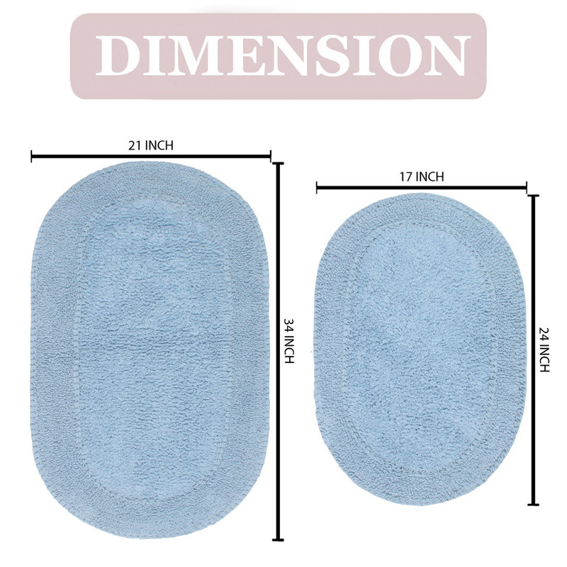 Yandel Double Ruffle Oval 100% Cotton Piece Bath Rug Set, Blue