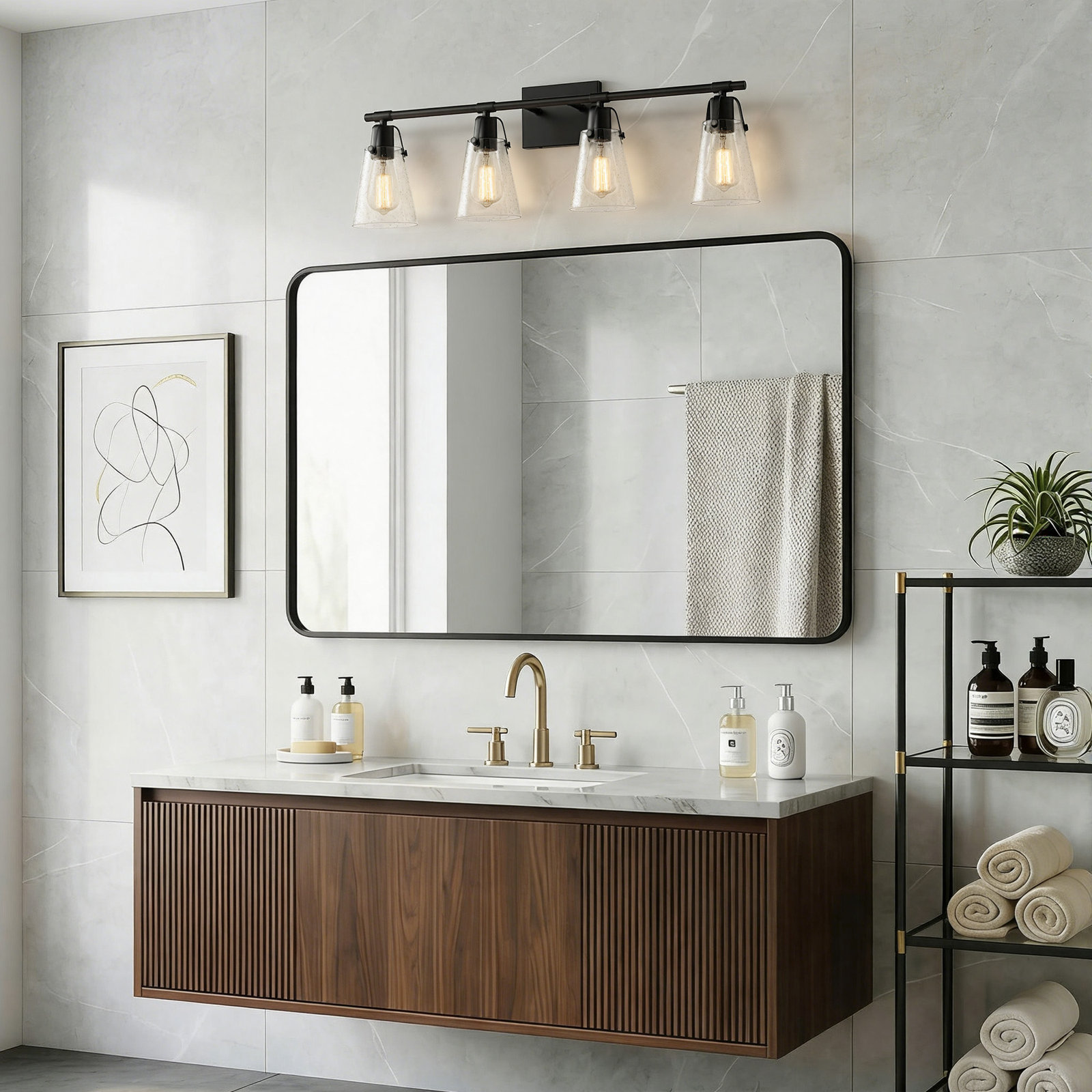  Modern  Vanity Light With Seeded Glass Shade, Matte Black, 4 Lights